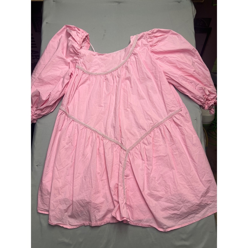 Blue B Collection Pink Cotton Puff Sleeve Lace Trim Babydoll Mini Dress L 22627D